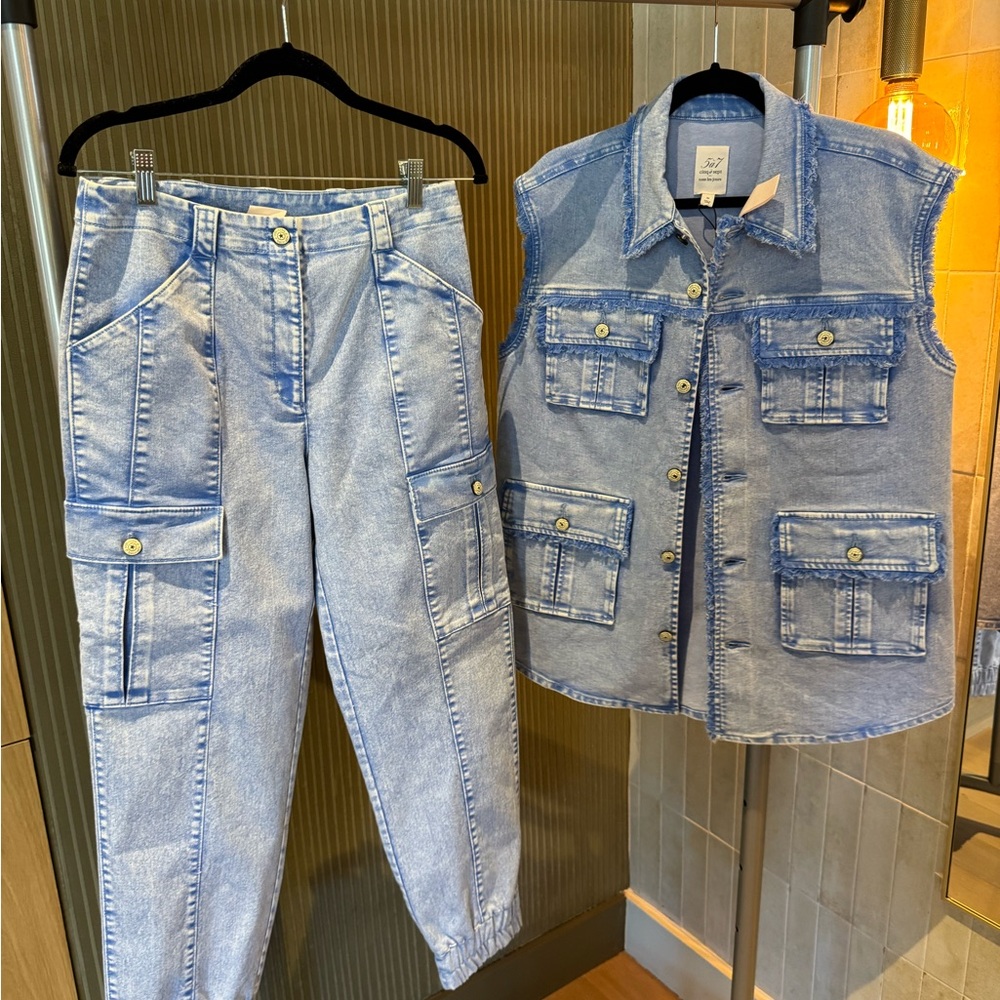 Cinq à Sept Light Blue Denim Cargo Pants and Vest Set